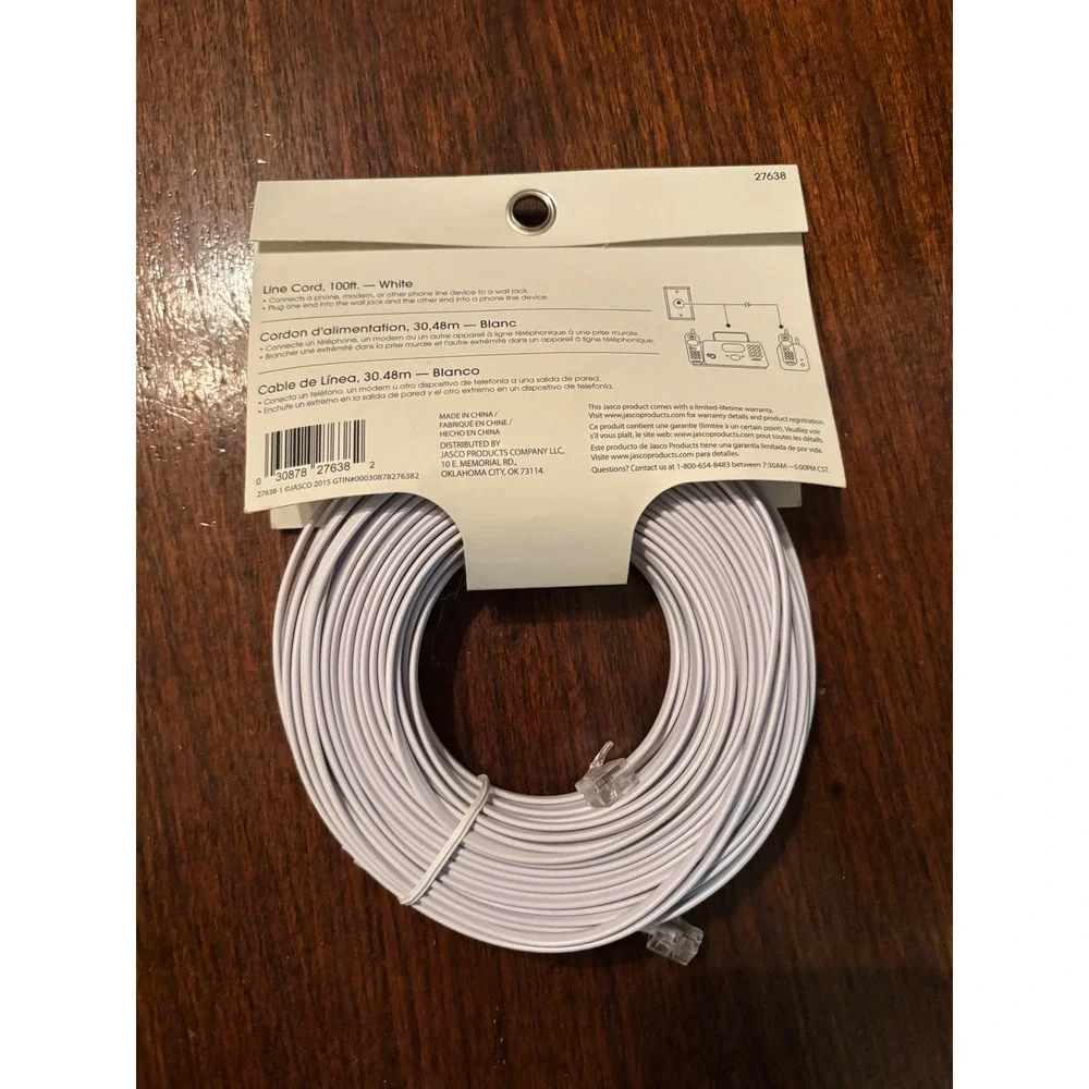 Power Gear by Jasco 100ft Telephone Line Cord White RJ11 Modular Cable 27638